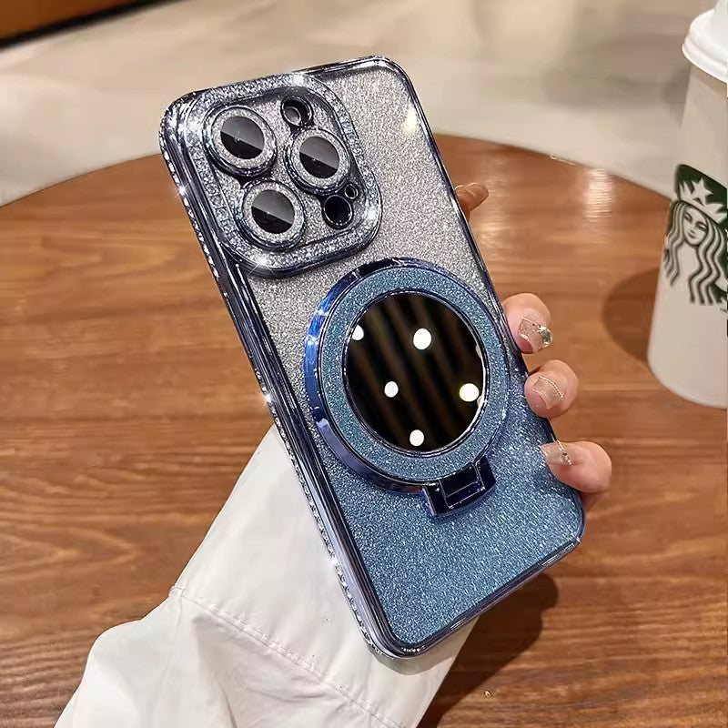 Makeup mirror holder 16E suitable for iPhone 16 Pro phone case 14 glitter magnetic edge diamond Apple 15 protective cover