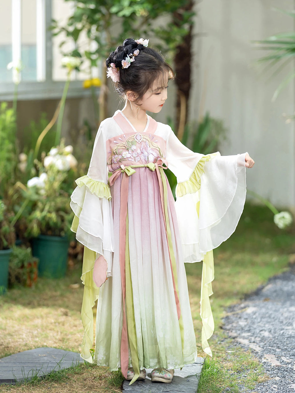 Girl's Pink and Green Chiffon Hanfu Retro Embroidery Ancient Style Long Dress Spring Long-sleeve 4-10 Years