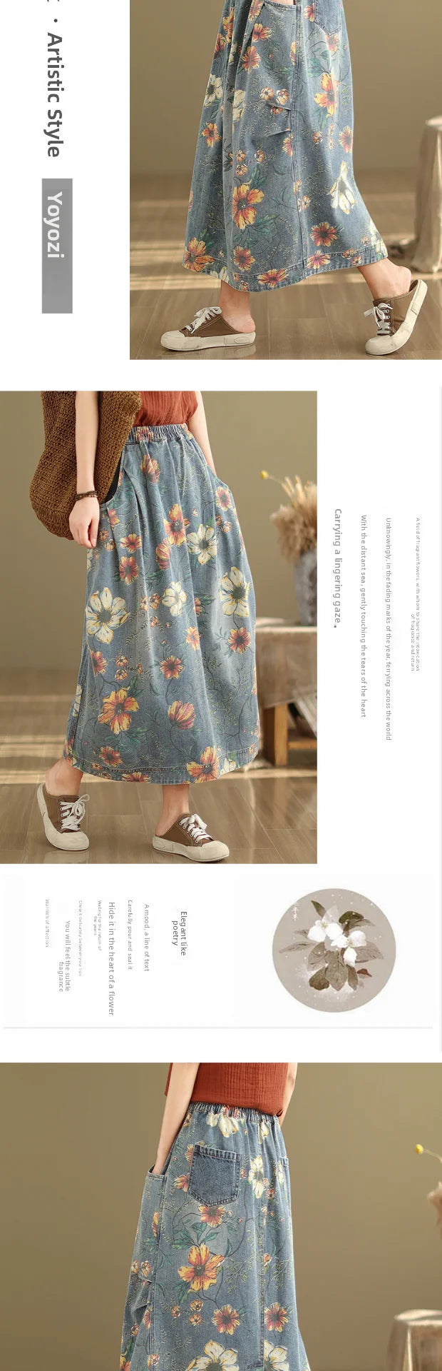 Elastic Waist Denim Skirt Women's Spring Summer New Sle Artistic Retro Loose Casual Print Splicing Mid-Length Skirt