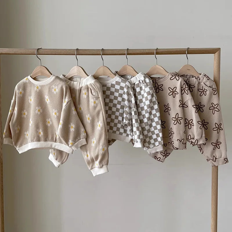 2025 Spring New Baby Long Sleeve Clothes Set Kids Girls Fashion Flower Print Sweatshirt + Pants 2pcs Suit Toddler Outfits