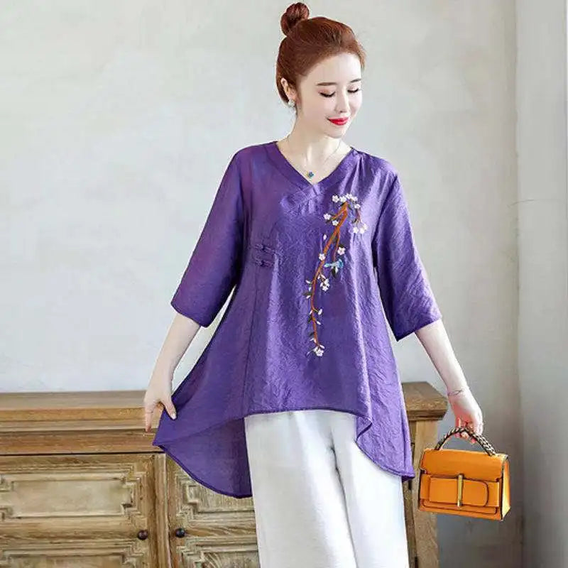 Elegant V-Neck Button Asymmetrical Embroidery Blouses Women's Clothing 2025 Spring Summer New Loose Chic Tops Irregular Shirts