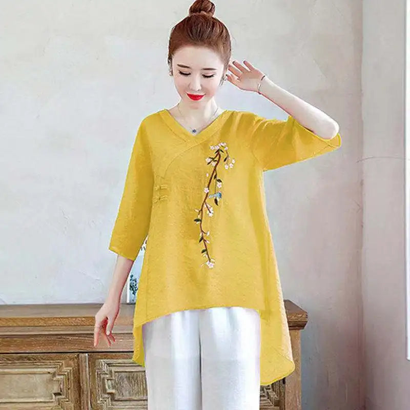 Elegant V-Neck Button Asymmetrical Embroidery Blouses Women's Clothing 2025 Spring Summer New Loose Chic Tops Irregular Shirts