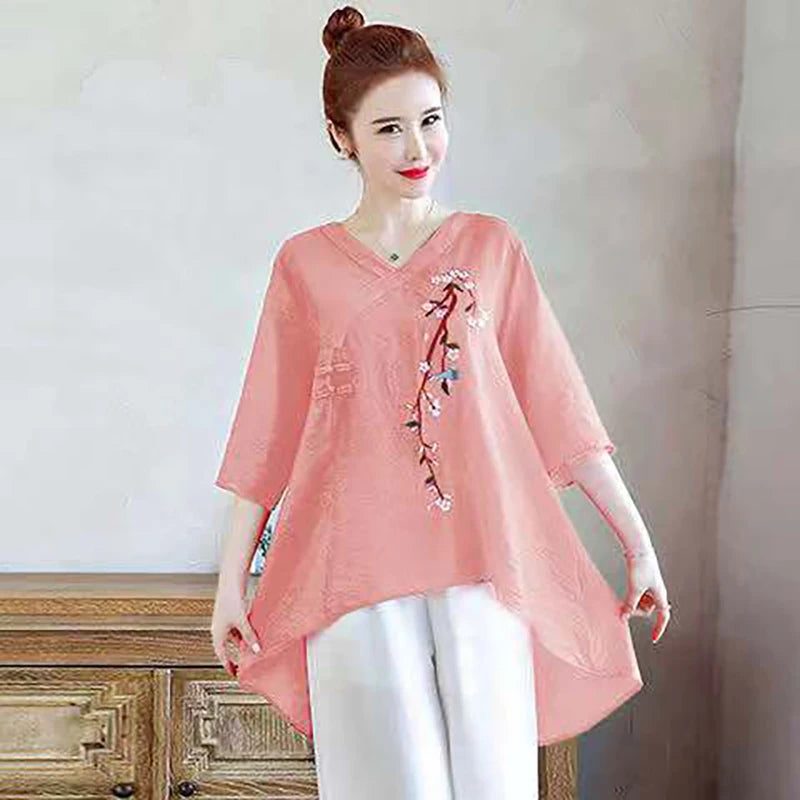 Elegant V-Neck Button Asymmetrical Embroidery Blouses Women's Clothing 2025 Spring Summer New Loose Chic Tops Irregular Shirts