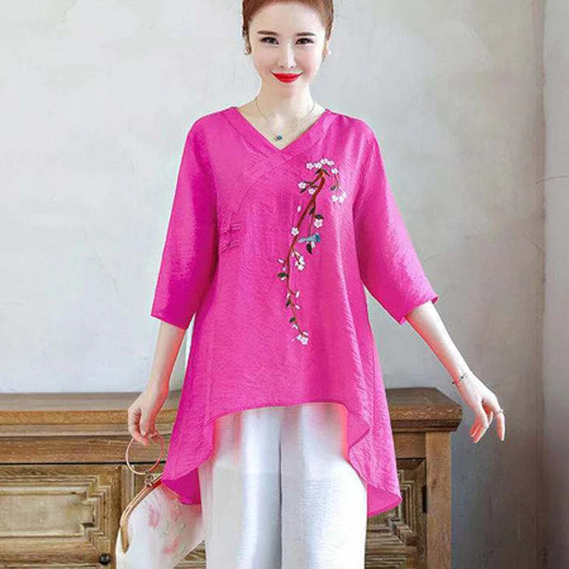 Elegant V-Neck Button Asymmetrical Embroidery Blouses Women's Clothing 2025 Spring Summer New Loose Chic Tops Irregular Shirts