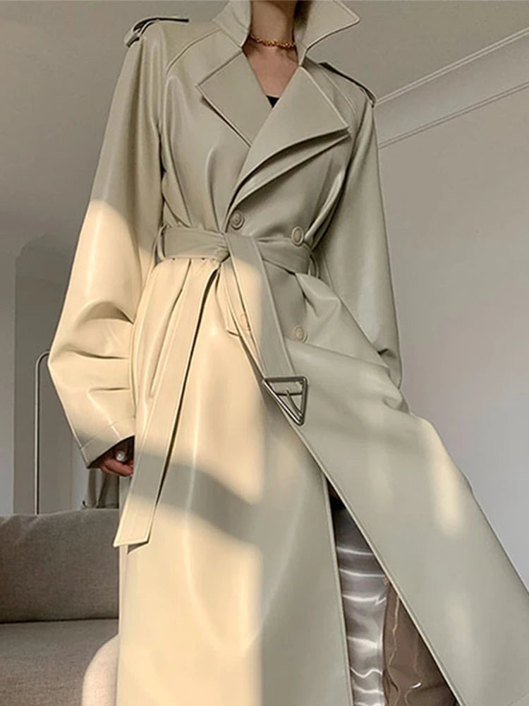 Lautaro-Long Faux Leather Trench Coat for Women, Belt, Double Breasted, Luxury, Elegant, Fashion, Spring, Autumn, 2022