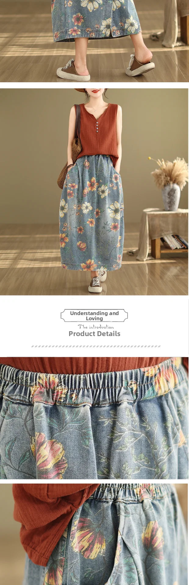 Elastic Waist Denim Skirt Women's Spring Summer New Sle Artistic Retro Loose Casual Print Splicing Mid-Length Skirt