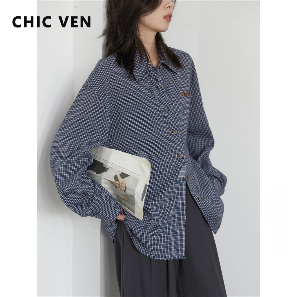 CHIC VEN Women Shirt Long Sleeve Single Breasted New Loose Casual Embroidered Plaid Blouses Retro Female Top Spring Summer 2025