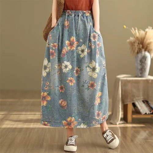 Elastic Waist Denim Skirt Women's Spring Summer New Sle Artistic Retro Loose Casual Print Splicing Mid-Length Skirt
