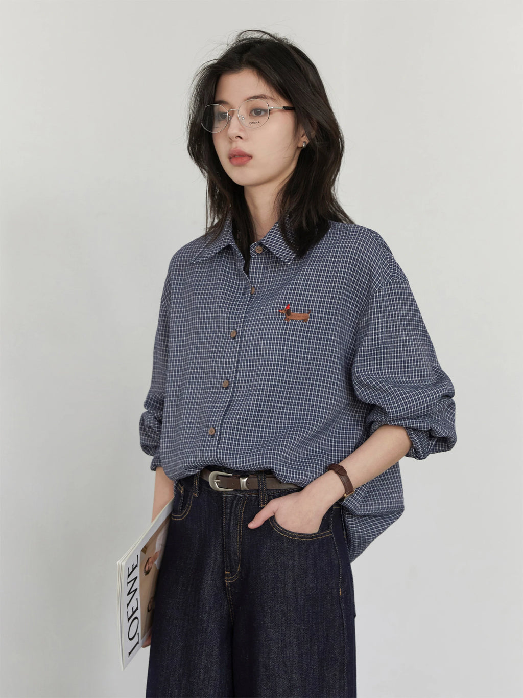 CHIC VEN Women Shirt Long Sleeve Single Breasted New Loose Casual Embroidered Plaid Blouses Retro Female Top Spring Summer 2025