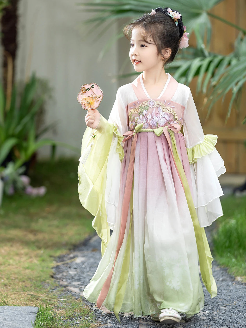 Girl's Pink and Green Chiffon Hanfu Retro Embroidery Ancient Style Long Dress Spring Long-sleeve 4-10 Years