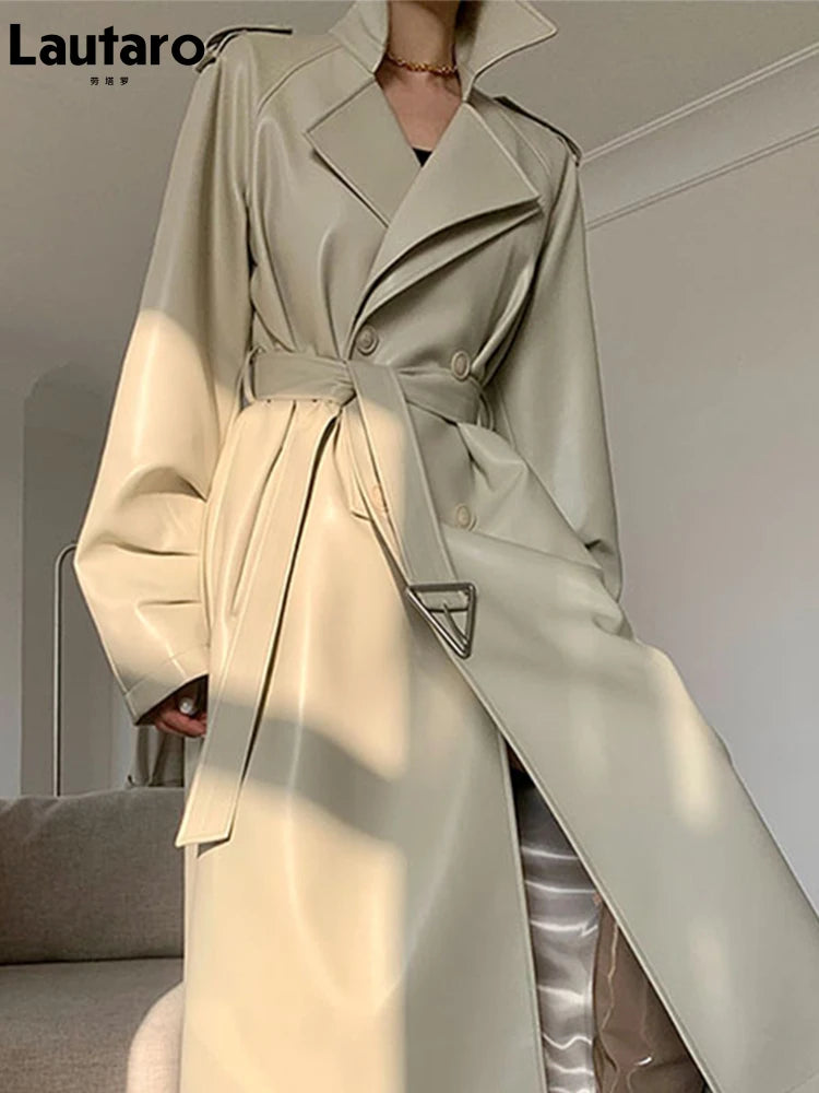 Lautaro-Long Faux Leather Trench Coat for Women, Belt, Double Breasted, Luxury, Elegant, Fashion, Spring, Autumn, 2022