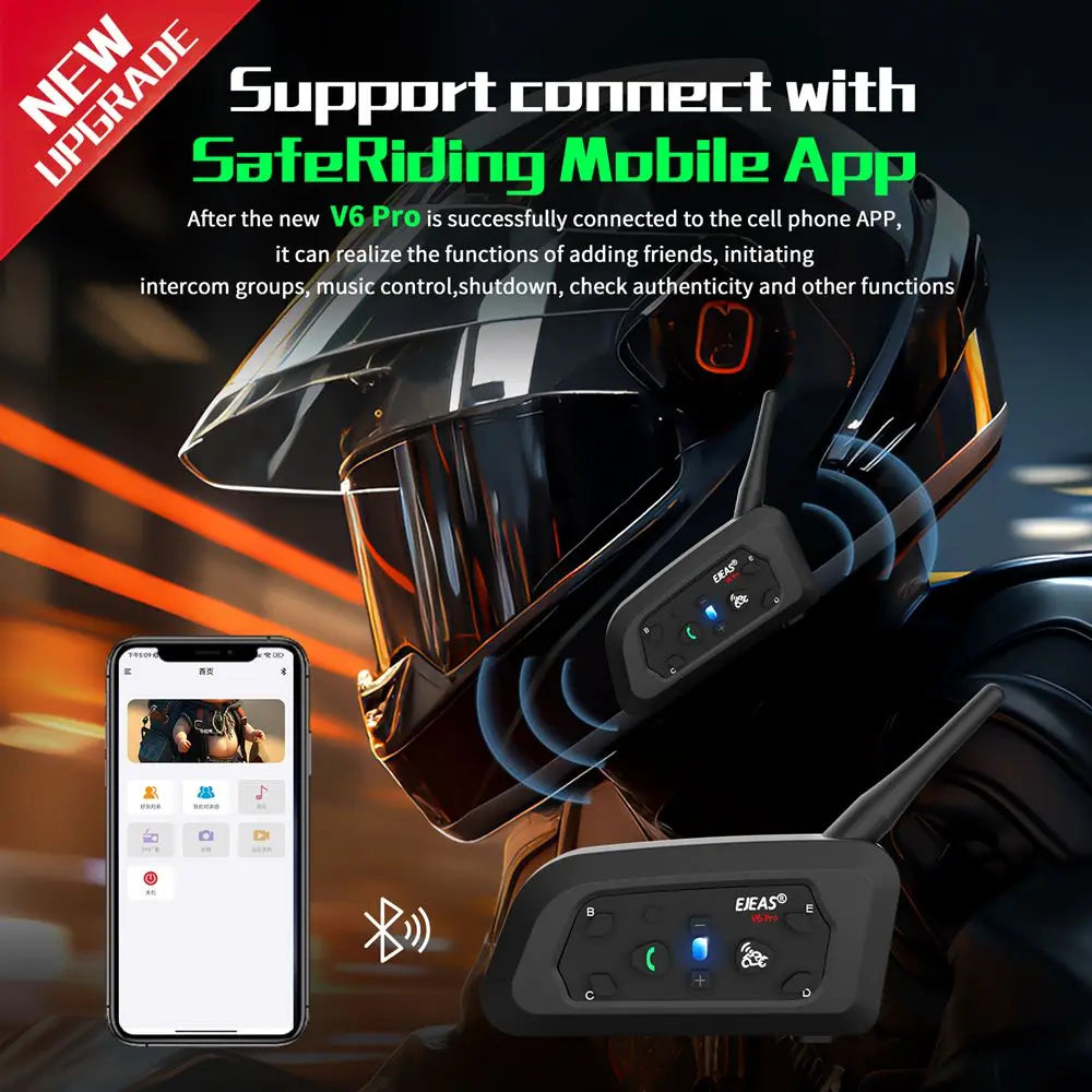 EJEAS V6 PRO+ Motorcycle Helmet Intercom Bluetooth Headset 6 Riders Communicator Waterproof V5.1 Music Player 800m Interphone