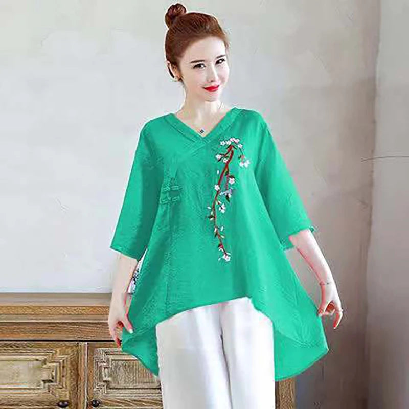 Elegant V-Neck Button Asymmetrical Embroidery Blouses Women's Clothing 2025 Spring Summer New Loose Chic Tops Irregular Shirts