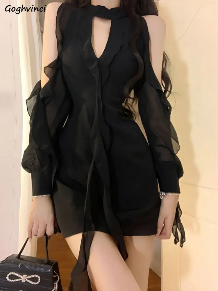Black Dresses Women Sexy Hollow Out Female Casual Temperament New Spring Off Shoulder Korean Style Solid Hotsweet Empire Fashion