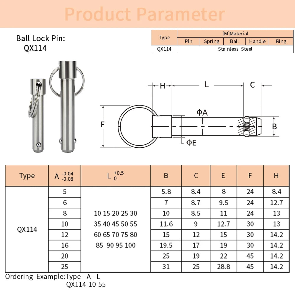 Dia 5/10/14/20/25mm Quick Release Locating Pins QX114 Stainless Steel Spring Ball Head Locking Pin With Pull Ring Ball Lock Pin