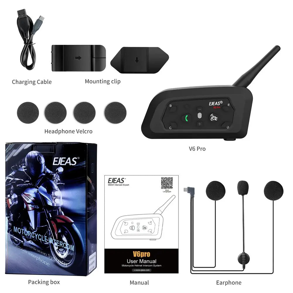 EJEAS V6 PRO+ Motorcycle Helmet Intercom Bluetooth Headset 6 Riders Communicator Waterproof V5.1 Music Player 800m Interphone