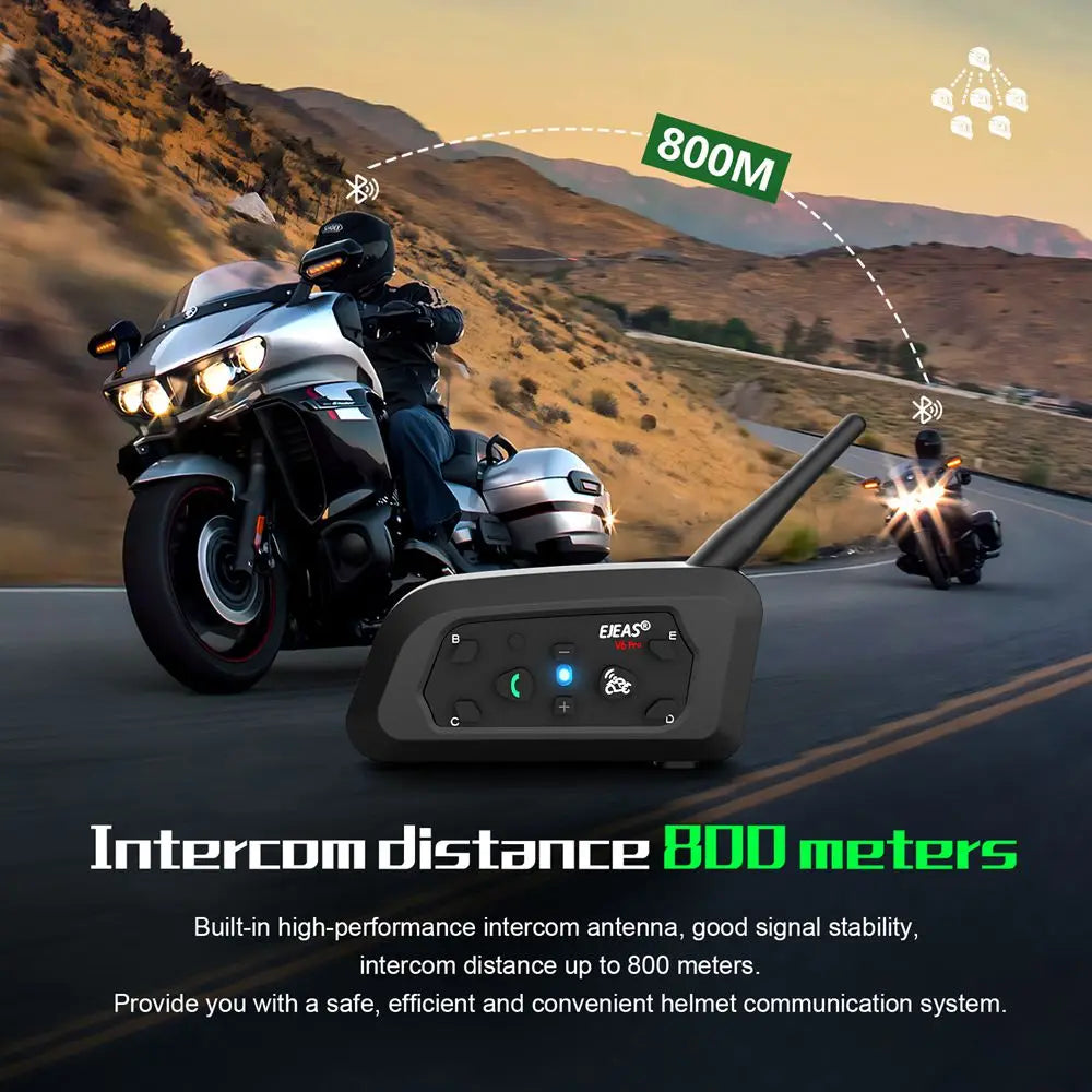 EJEAS V6 PRO+ Motorcycle Helmet Intercom Bluetooth Headset 6 Riders Communicator Waterproof V5.1 Music Player 800m Interphone