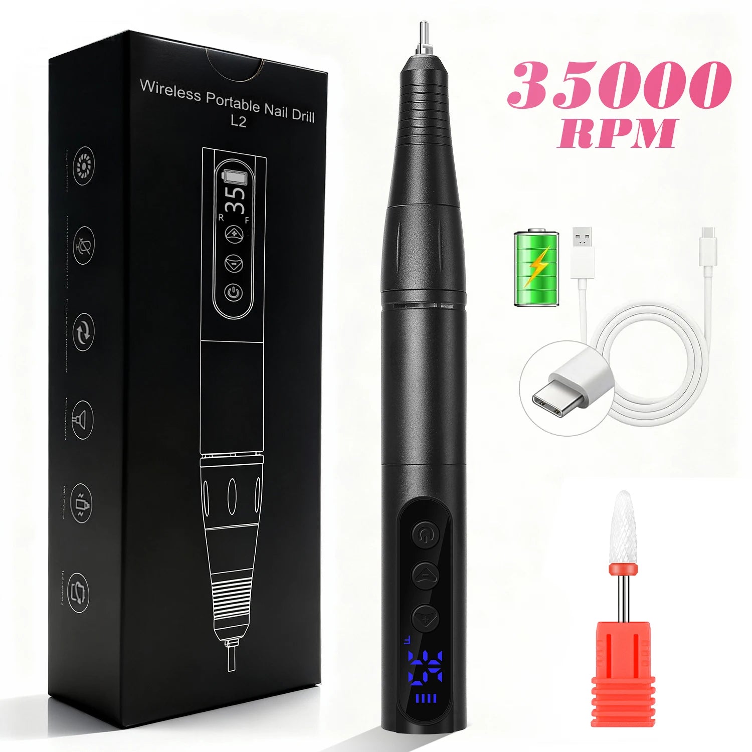 35000RPM Rechargeable Portable Nail Drill Machine With Low Noise Nails Sander For Acrylic Gel Polish Professional Nail Tool