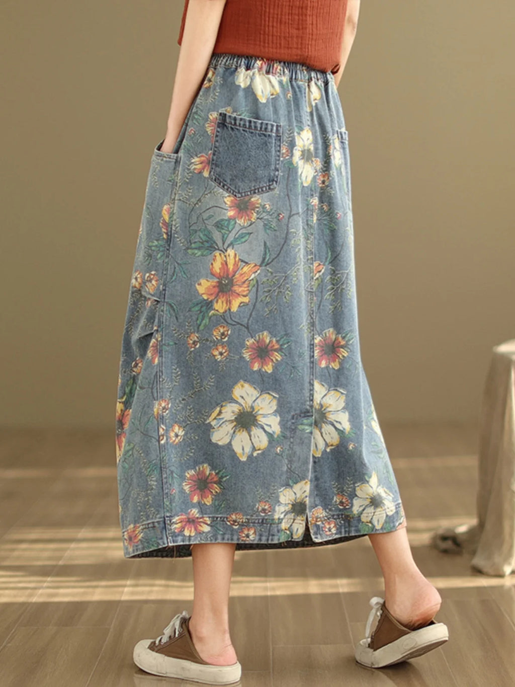 Elastic Waist Denim Skirt Women's Spring Summer New Sle Artistic Retro Loose Casual Print Splicing Mid-Length Skirt