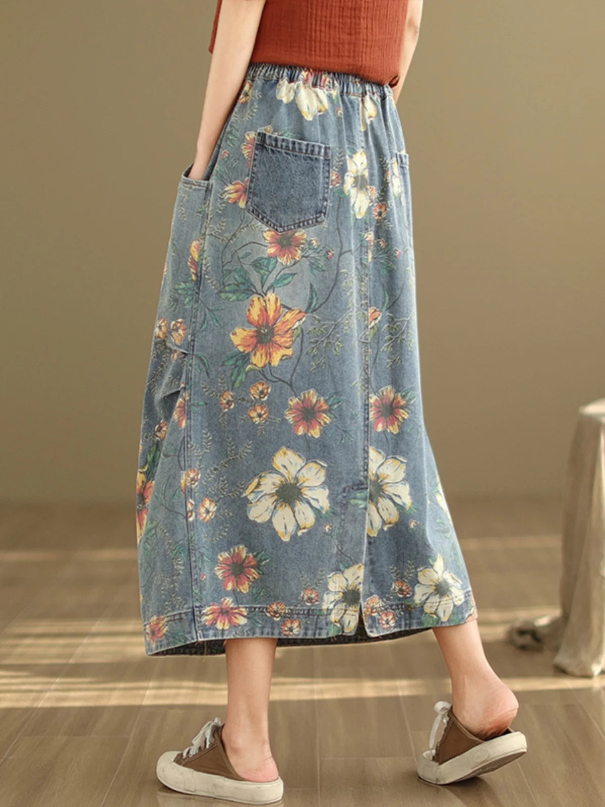 Elastic Waist Denim Skirt Women's Spring Summer New Sle Artistic Retro Loose Casual Print Splicing Mid-Length Skirt