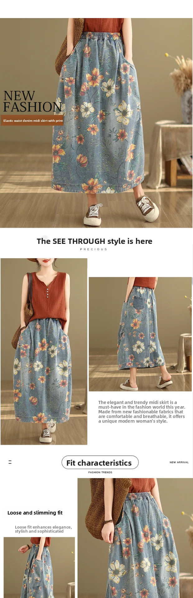 Elastic Waist Denim Skirt Women's Spring Summer New Sle Artistic Retro Loose Casual Print Splicing Mid-Length Skirt