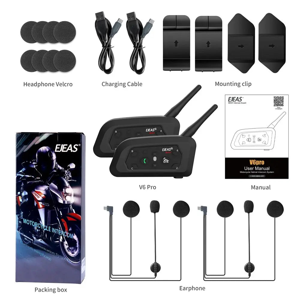 EJEAS V6 PRO+ Motorcycle Helmet Intercom Bluetooth Headset 6 Riders Communicator Waterproof V5.1 Music Player 800m Interphone