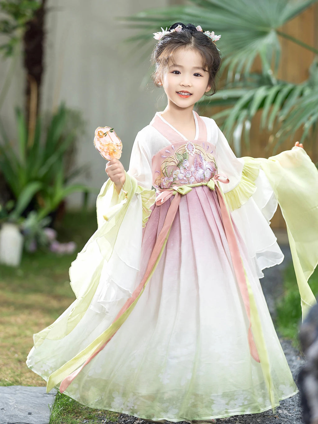 Girl's Pink and Green Chiffon Hanfu Retro Embroidery Ancient Style Long Dress Spring Long-sleeve 4-10 Years