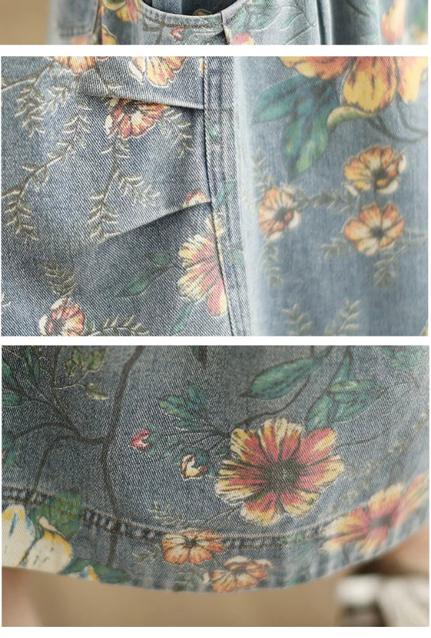 Elastic Waist Denim Skirt Women's Spring Summer New Sle Artistic Retro Loose Casual Print Splicing Mid-Length Skirt