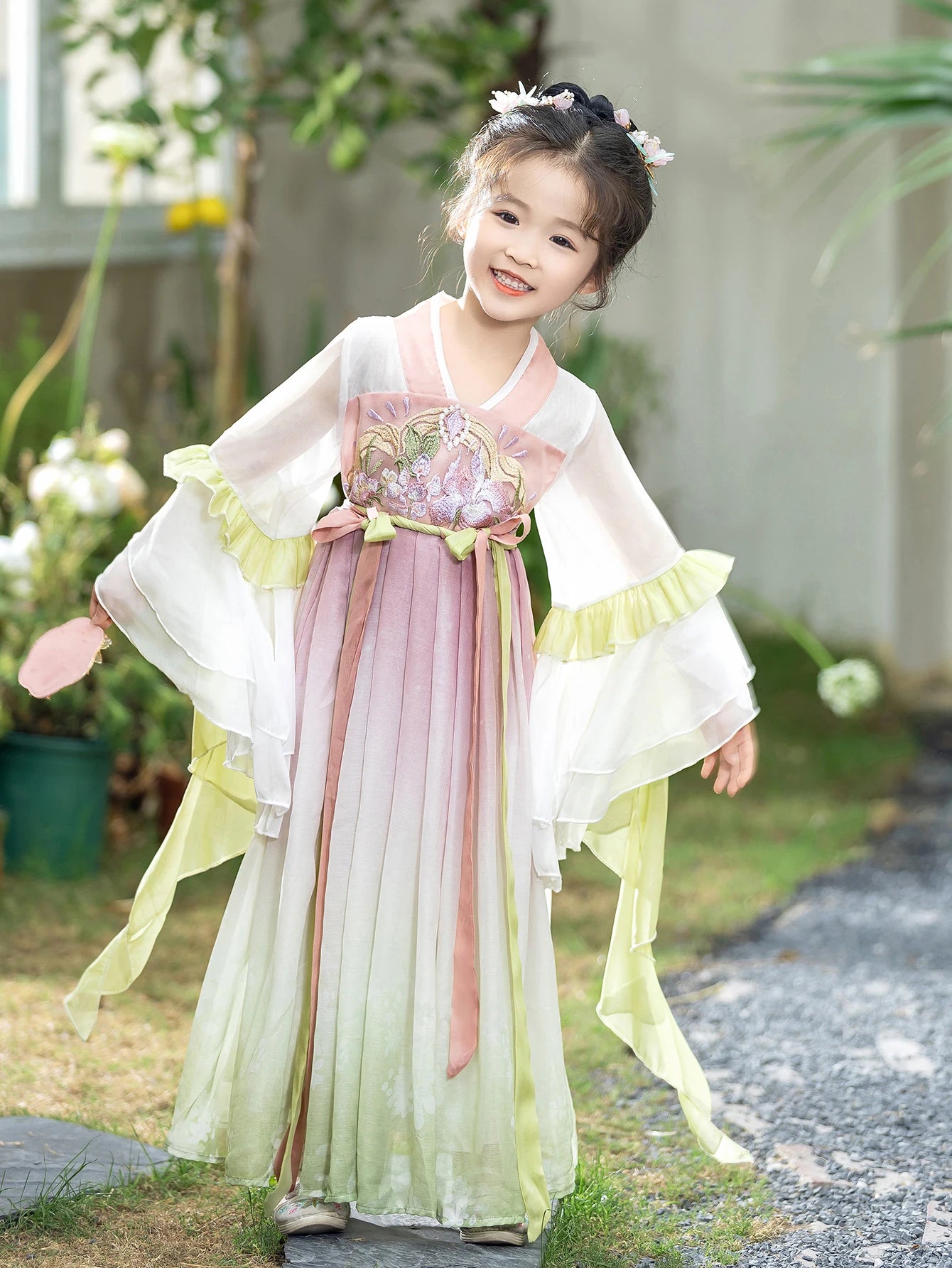 Girl's Pink and Green Chiffon Hanfu Retro Embroidery Ancient Style Long Dress Spring Long-sleeve 4-10 Years