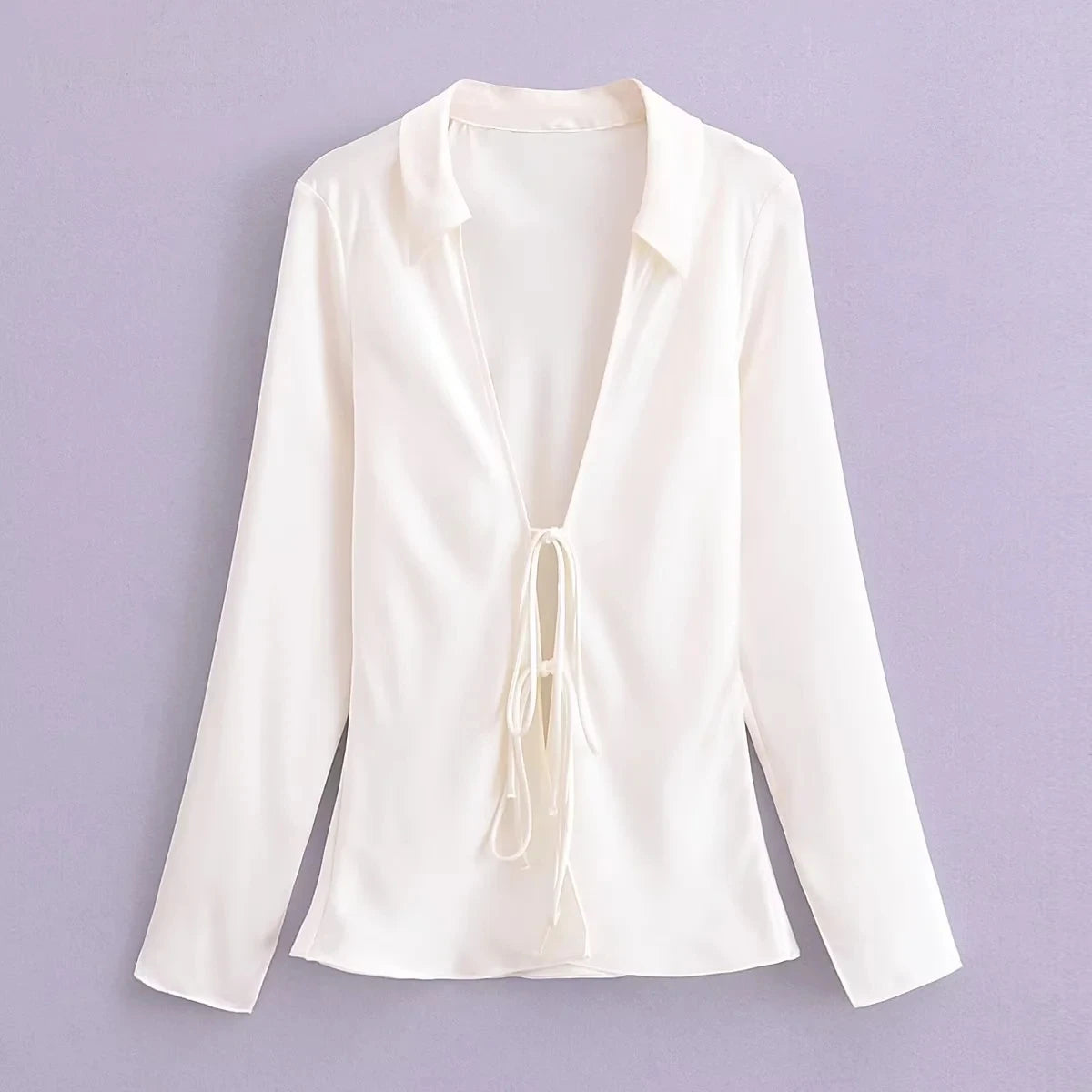 KONDALA Sexy Bow Tie Satin White Blouses Women V Neck Long Sleeve Slim Shirts Women Fashion 2024 Streetwear Spring Girl Tops