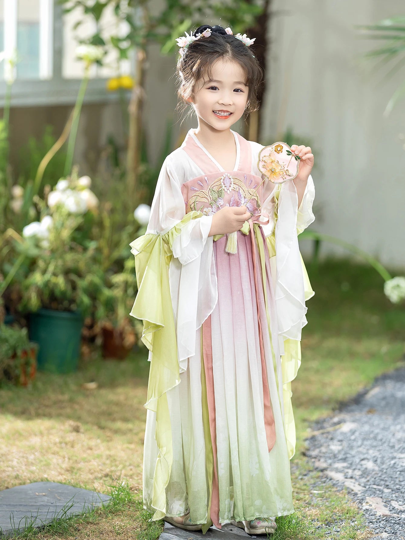 Girl's Pink and Green Chiffon Hanfu Retro Embroidery Ancient Style Long Dress Spring Long-sleeve 4-10 Years