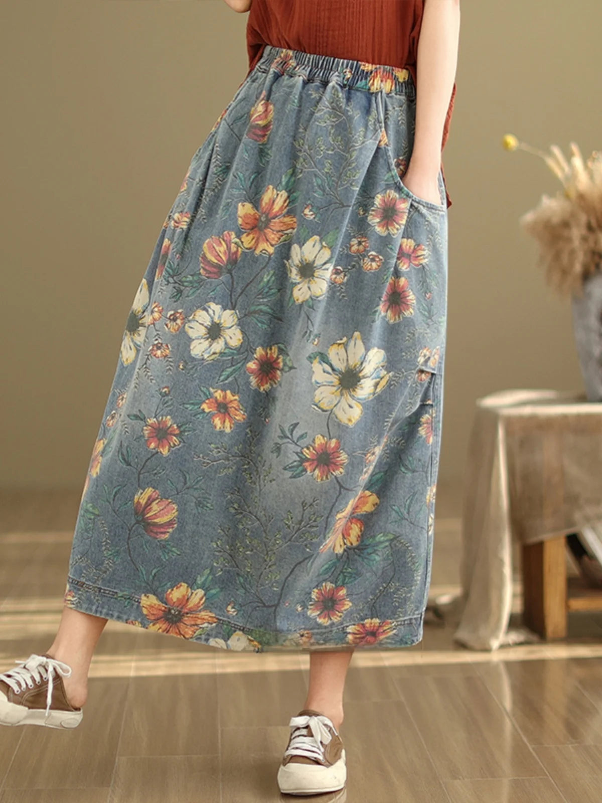 Elastic Waist Denim Skirt Women's Spring Summer New Sle Artistic Retro Loose Casual Print Splicing Mid-Length Skirt