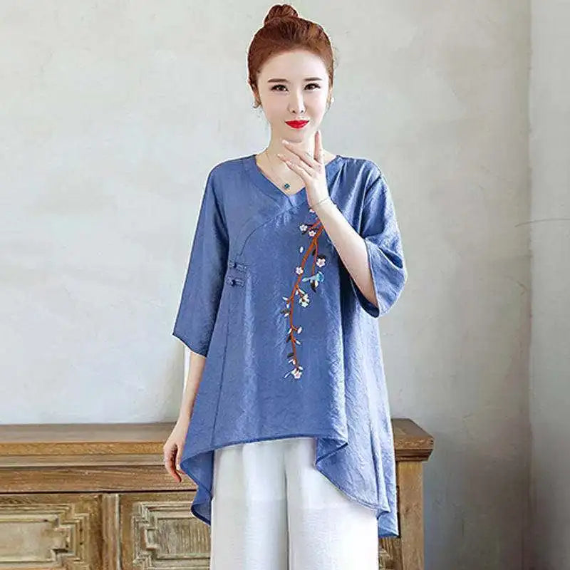Elegant V-Neck Button Asymmetrical Embroidery Blouses Women's Clothing 2025 Spring Summer New Loose Chic Tops Irregular Shirts