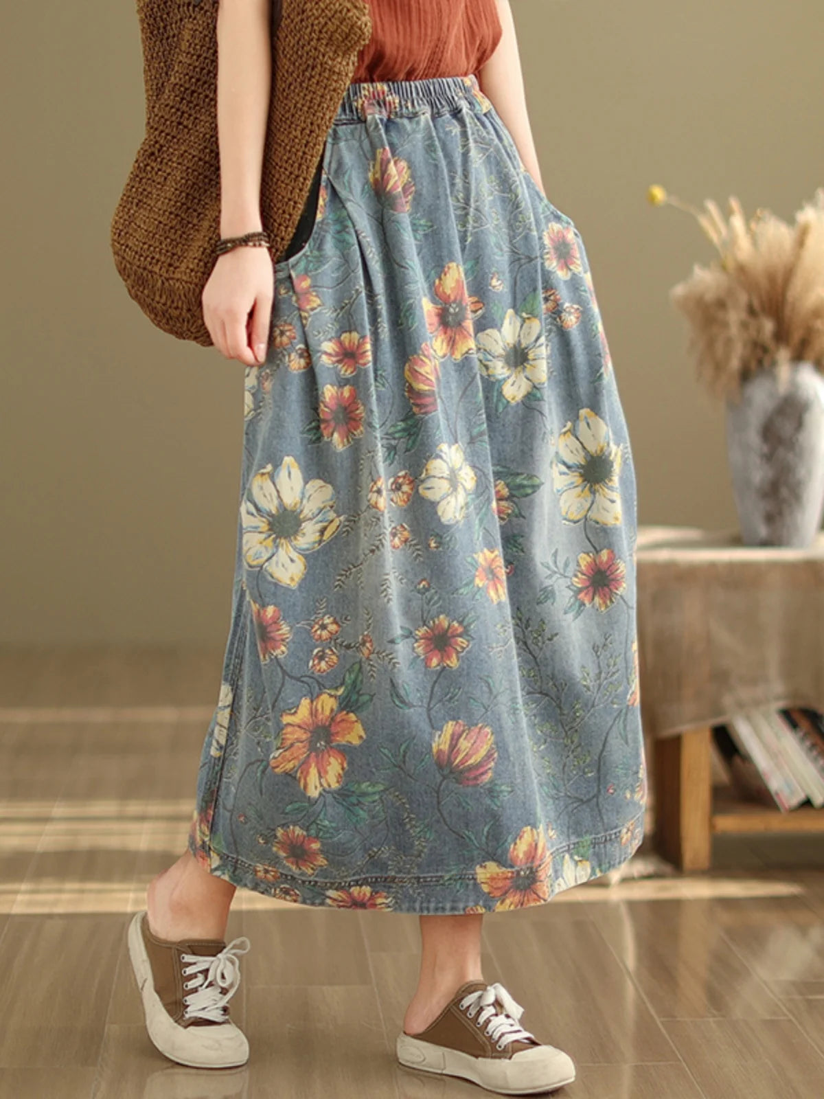 Elastic Waist Denim Skirt Women's Spring Summer New Sle Artistic Retro Loose Casual Print Splicing Mid-Length Skirt