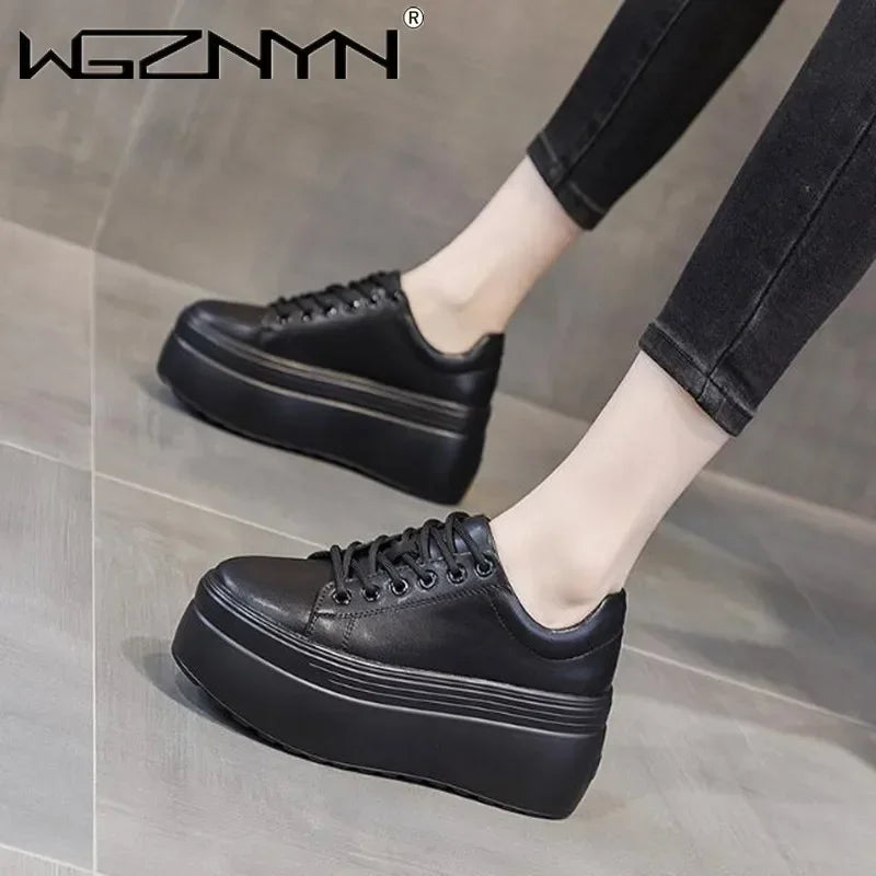 2025 Genuine Leather Women Casual Shoes Super Thick 8cm Platform Wedge Fashion Sneakers Chunky Spring Autumn Flats Zapados Mujer