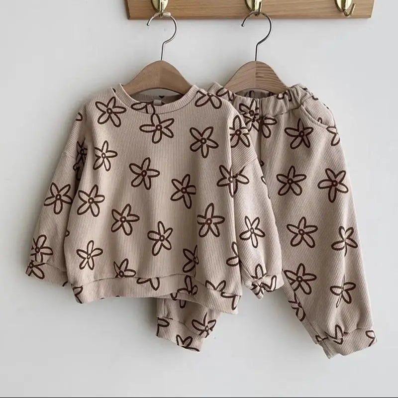 2025 Spring New Baby Long Sleeve Clothes Set Kids Girls Fashion Flower Print Sweatshirt + Pants 2pcs Suit Toddler Outfits