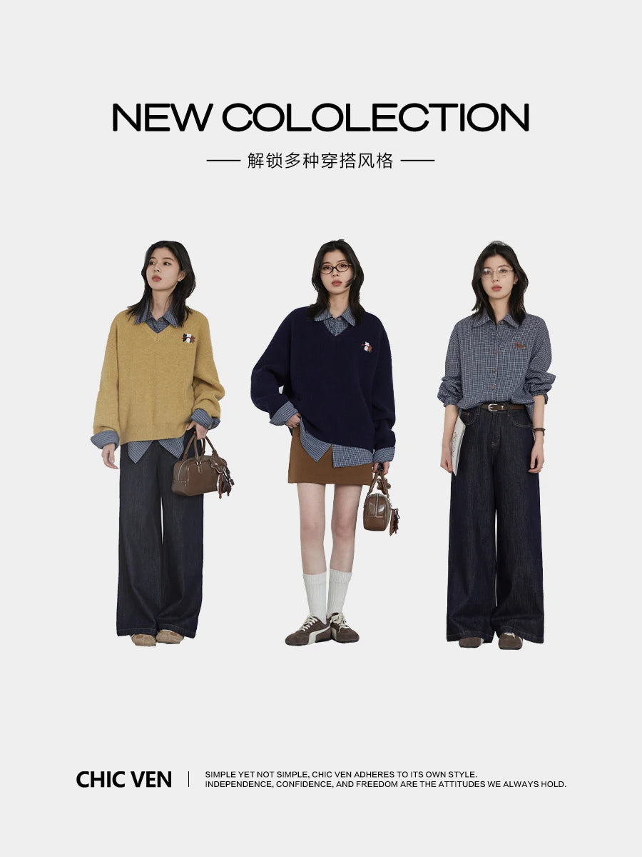 CHIC VEN Women Shirt Long Sleeve Single Breasted New Loose Casual Embroidered Plaid Blouses Retro Female Top Spring Summer 2025