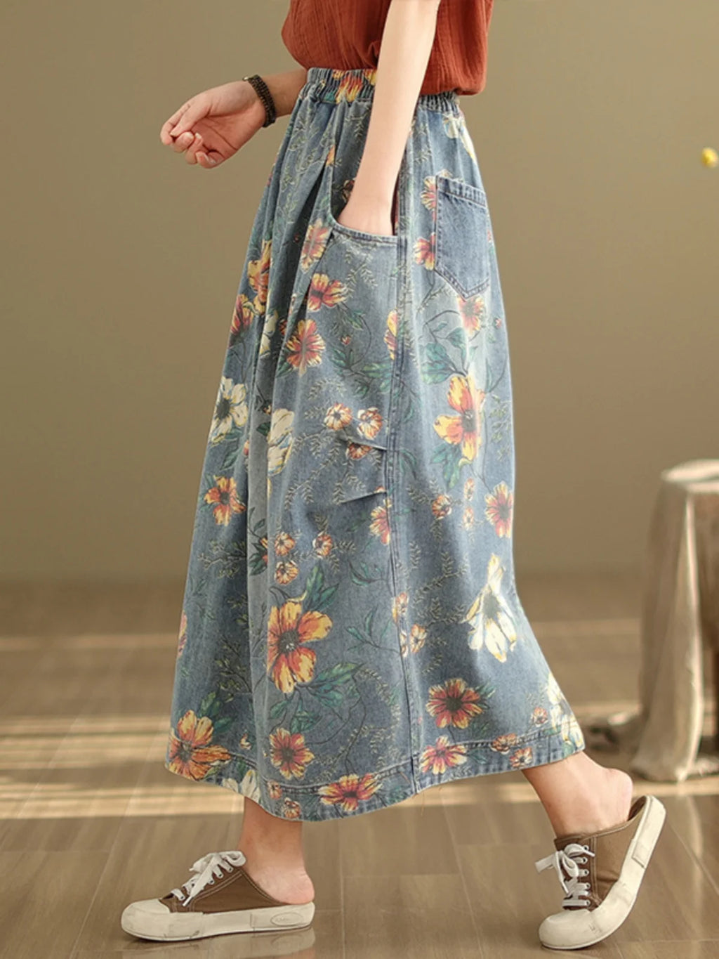 Elastic Waist Denim Skirt Women's Spring Summer New Sle Artistic Retro Loose Casual Print Splicing Mid-Length Skirt