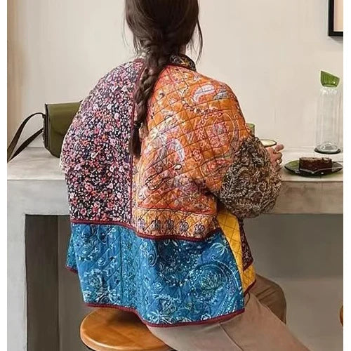 2025 Spring Fashion Women Cotton Jacket Coat Stand Collar Vintage Flower Print Women Coat Femme Jackets Abrigo Streetwear