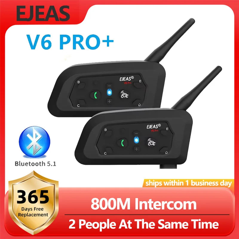 EJEAS V6 PRO+ Motorcycle Helmet Intercom Bluetooth Headset 6 Riders Communicator Waterproof V5.1 Music Player 800m Interphone