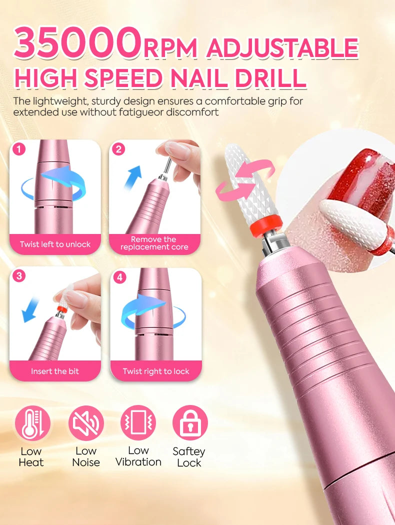 35000RPM Rechargeable Portable Nail Drill Machine With Low Noise Nails Sander For Acrylic Gel Polish Professional Nail Tool