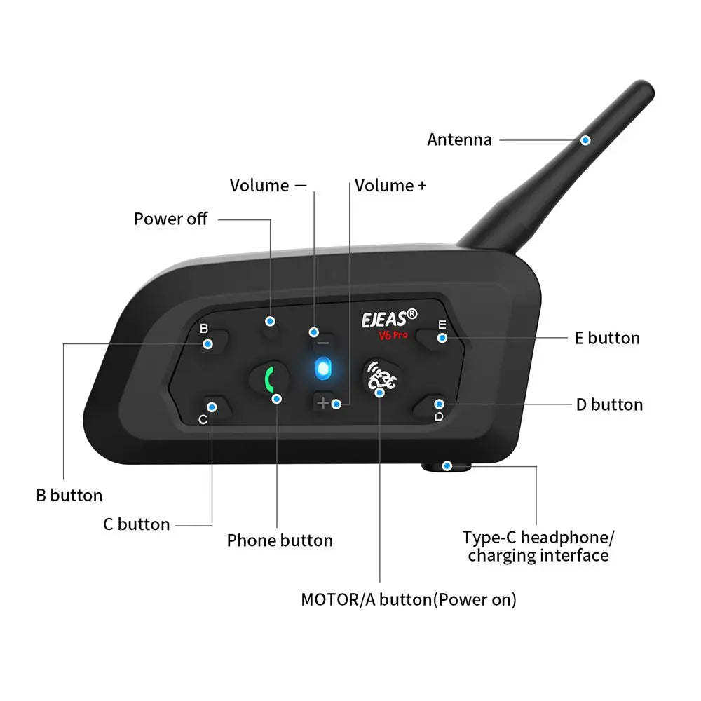 EJEAS V6 PRO+ Motorcycle Helmet Intercom Bluetooth Headset 6 Riders Communicator Waterproof V5.1 Music Player 800m Interphone