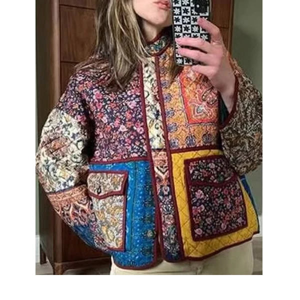 2025 Spring Fashion Women Cotton Jacket Coat Stand Collar Vintage Flower Print Women Coat Femme Jackets Abrigo Streetwear