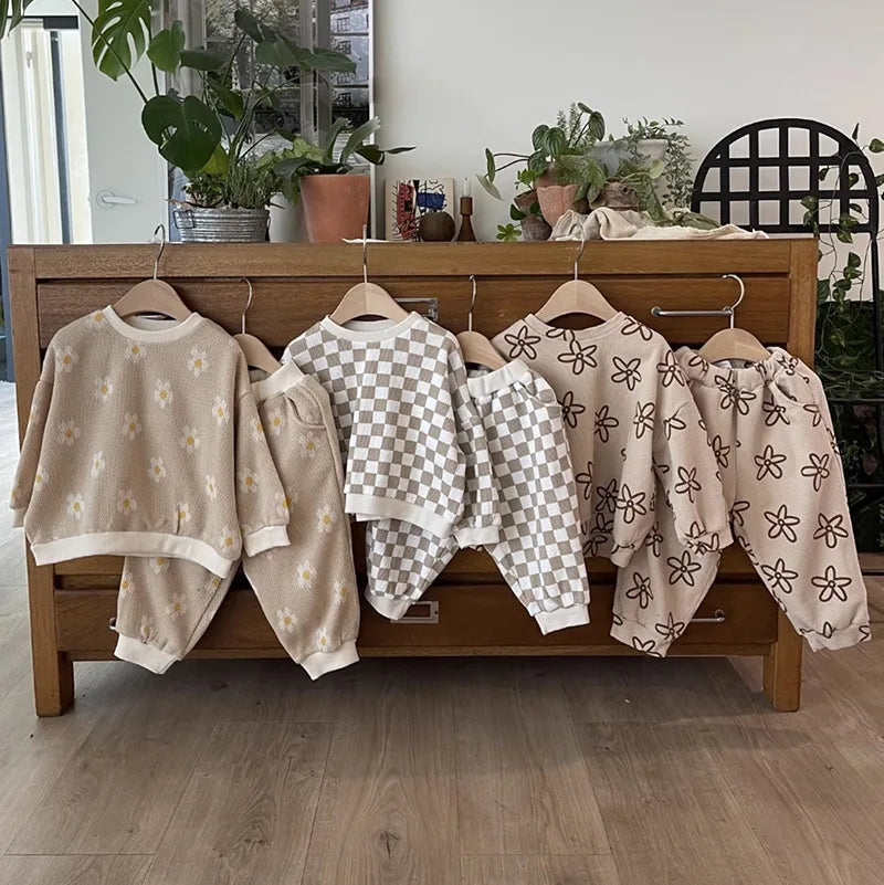 2025 Spring New Baby Long Sleeve Clothes Set Kids Girls Fashion Flower Print Sweatshirt + Pants 2pcs Suit Toddler Outfits