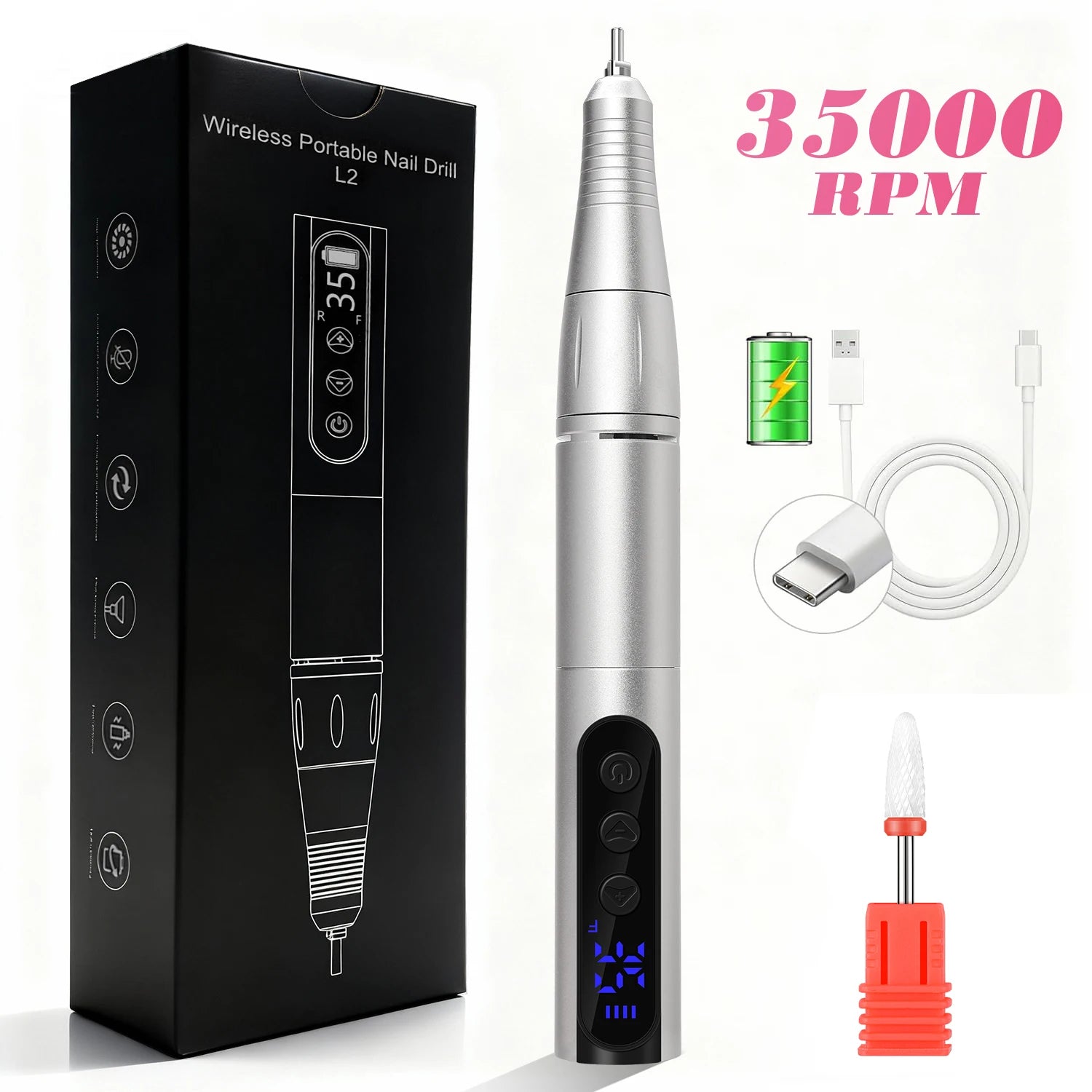 35000RPM Rechargeable Portable Nail Drill Machine With Low Noise Nails Sander For Acrylic Gel Polish Professional Nail Tool