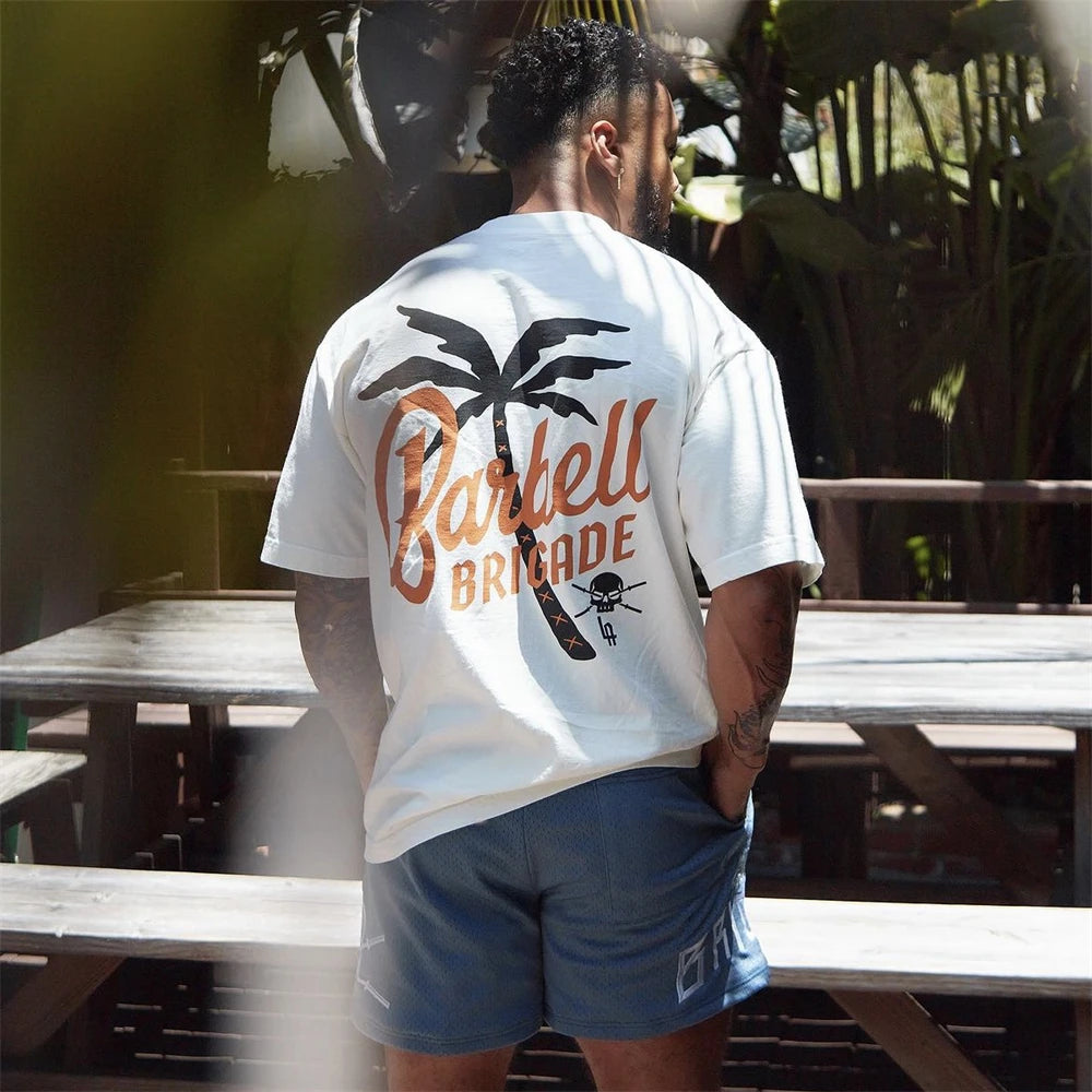 Clearance Sale BARBELL Men Running Sport Cotton T-shirt Gym Fitness Skull Print Shirt Summer Jogging Training Tee Tops