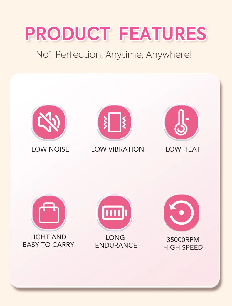 35000RPM Rechargeable Portable Nail Drill Machine With Low Noise Nails Sander For Acrylic Gel Polish Professional Nail Tool