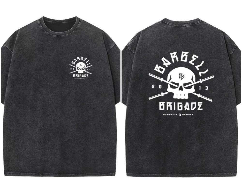 BARBELL BRIGADE REBIRTH TEE Washed Vintage 230G 100% Cotton T Shirt Men Women Oversized Fit Training Running Shirts Sportswear