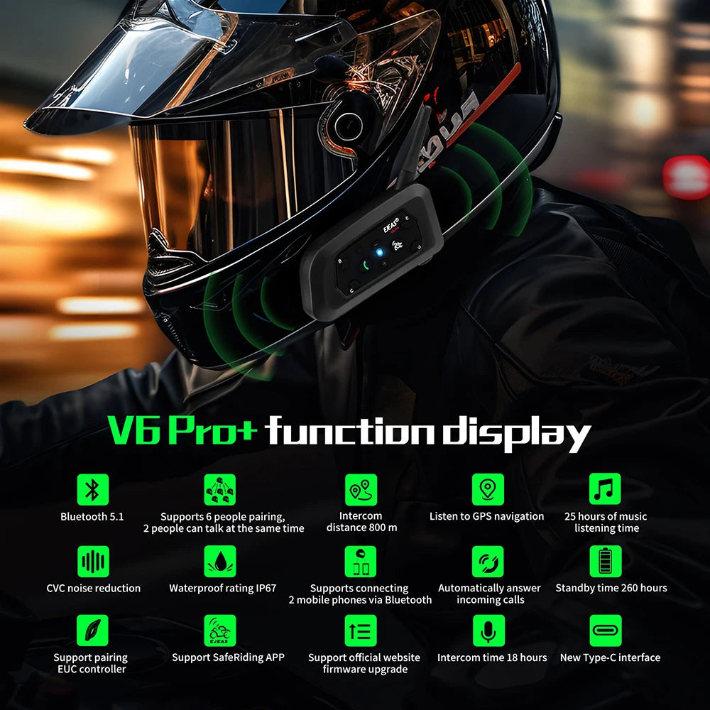 EJEAS V6 PRO+ Motorcycle Helmet Intercom Bluetooth Headset 6 Riders Communicator Waterproof V5.1 Music Player 800m Interphone